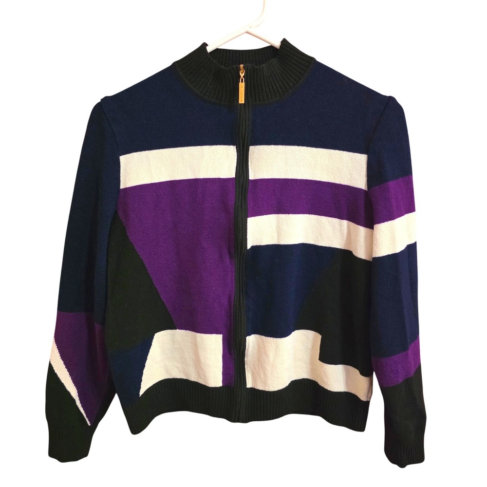 Vintage St. John Full Zip Geometric Colorblock Knit Sweater Navy Purple M